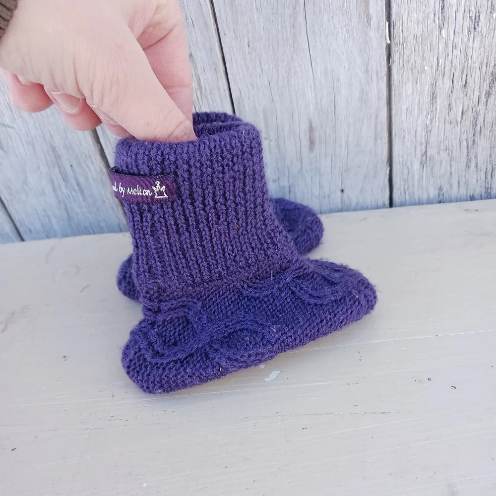 Melton Children Knitted Wool‎ Booties/Slippers Purple Leather Bottom OS It's a